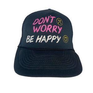 Vintage Trucker Hat Don't Worry Be Happy Mesh Snap Back Cap Funny Joke VTG 90s